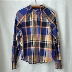Ann Taylor XL Plaid Top Smocked Neckline and Cuffs EUC office eclectic modest